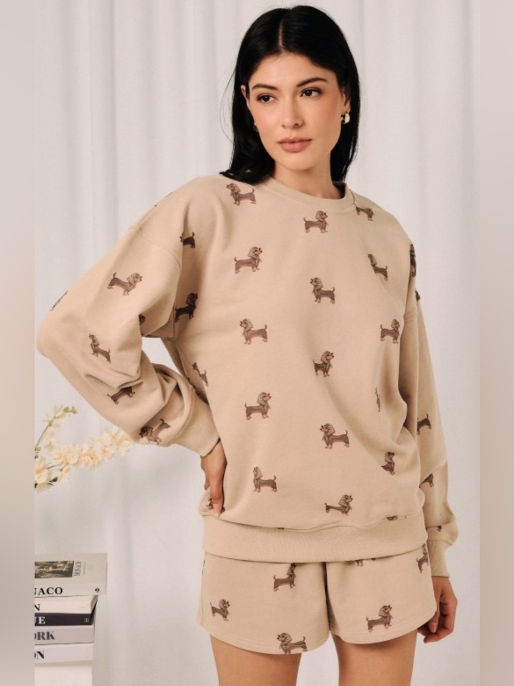 Beige Dachshund-Print Crewneck Sweatshirt